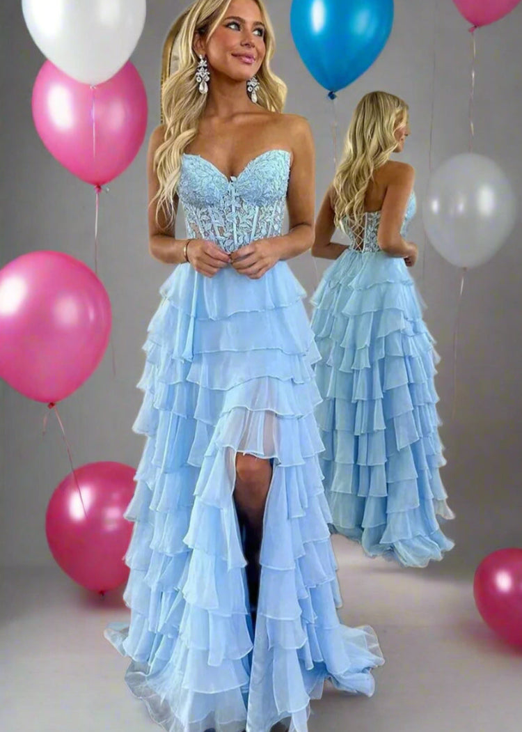 blue chiffon sweetheart neckline corset style bodice formal party dress-formal elegance