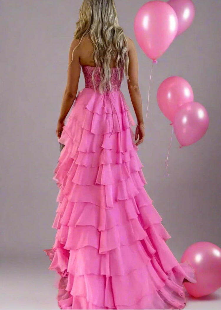 pink chiffon multi layered elegant formal dress
