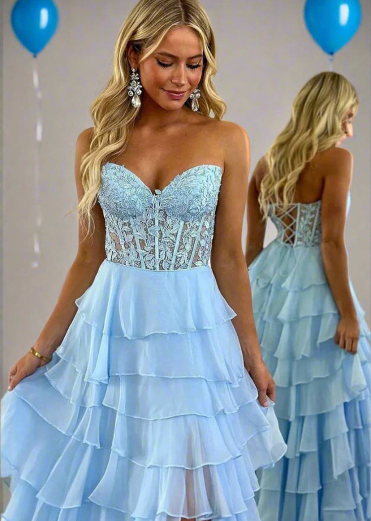 blue lace up back layers strapless evening formal party dress-formal elegance