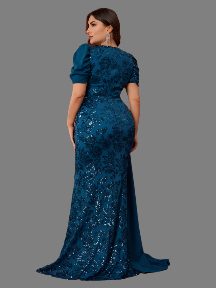 Blue Plus Size Elegant V-Neck Sequins Evening Dress