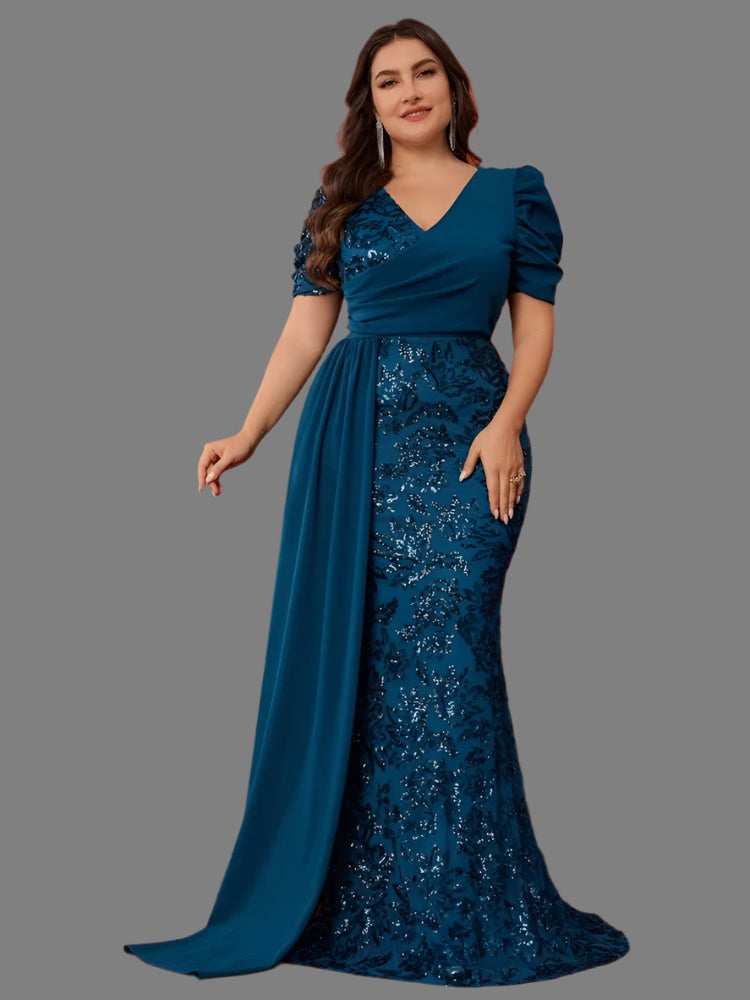 Blue Plus Size Elegant V-Neck Sequins Evening Dress