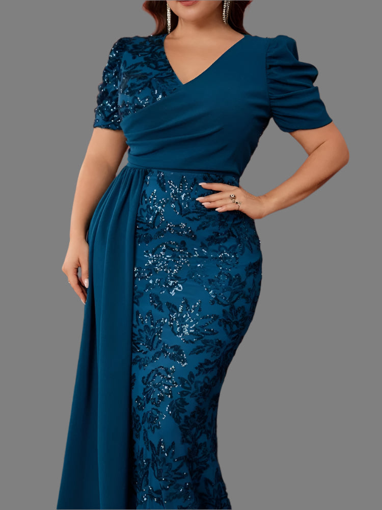 Blue Plus Size Elegant V-Neck Sequins Evening Dress