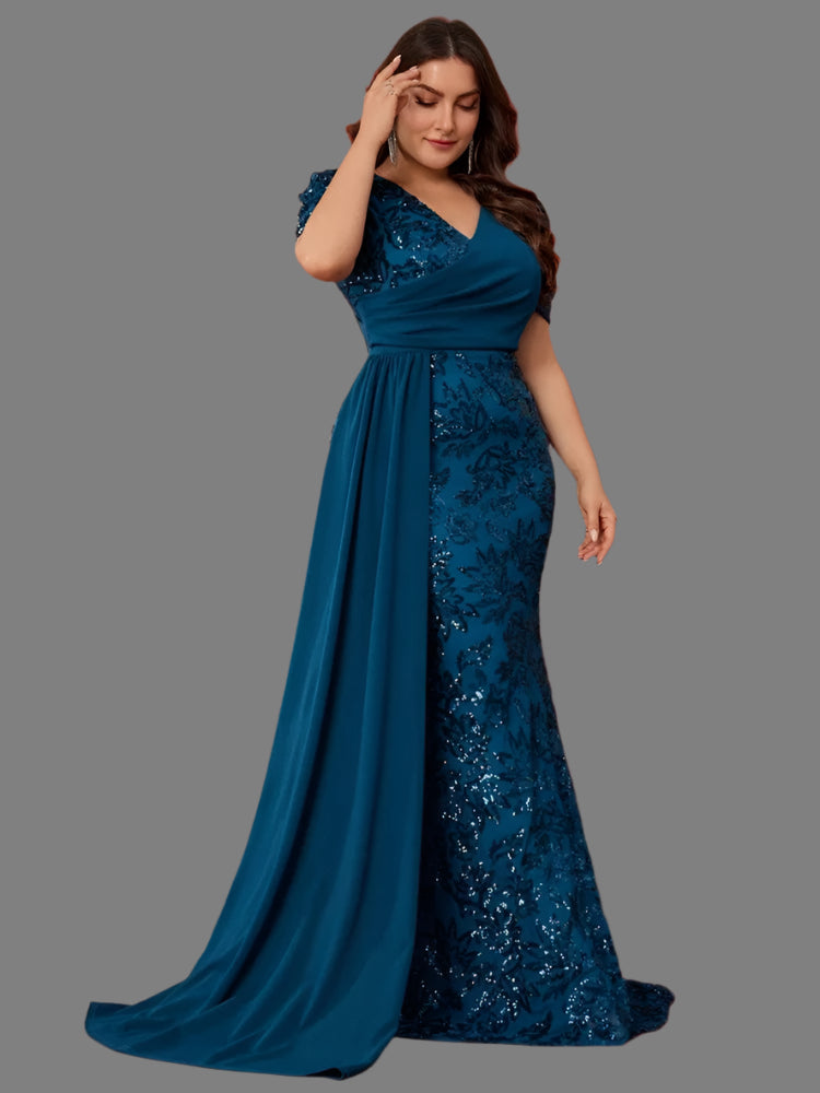Blue Plus Size Elegant V-Neck Sequins Evening Dress