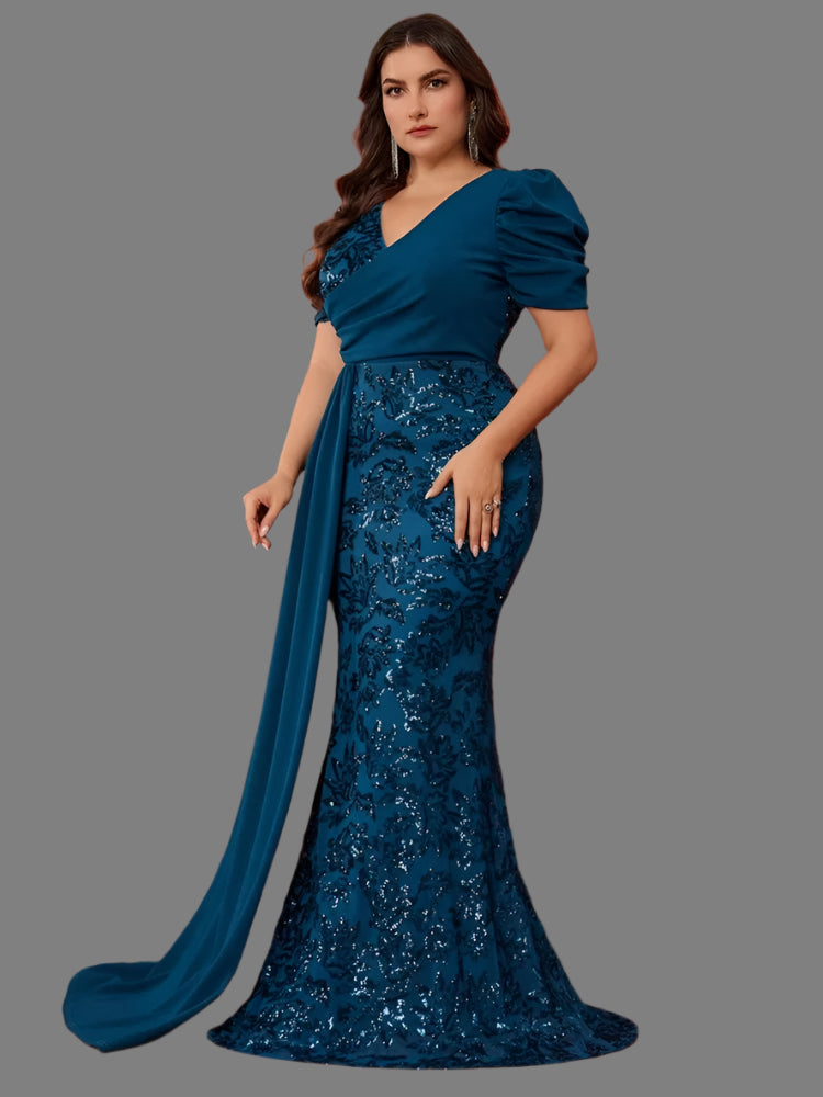 Blue Plus Size Elegant V-Neck Sequins Evening Dress