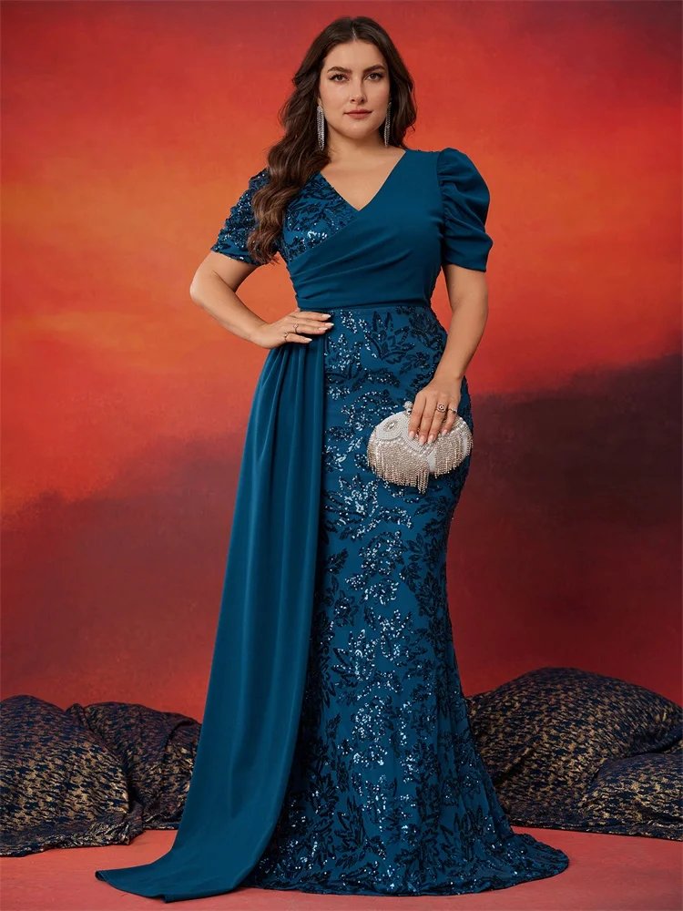 Blue Plus Size Elegant V-Neck Sequins Evening Dress