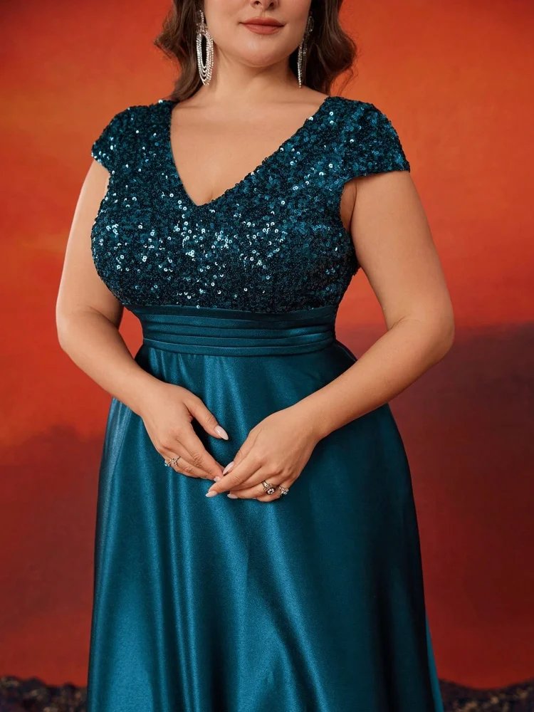 teal blue plus size satin evening party dress