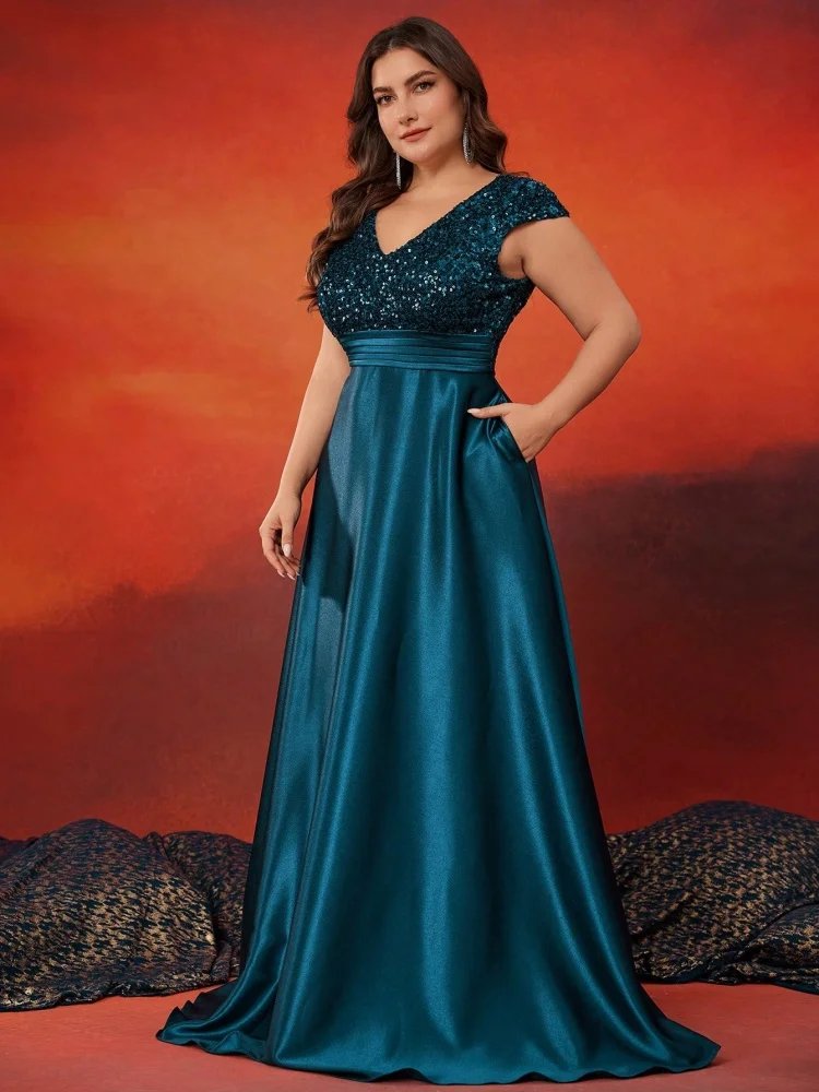 Blue plus size evening gown with v-neck sequin bodice and short sleeves -formal elegance