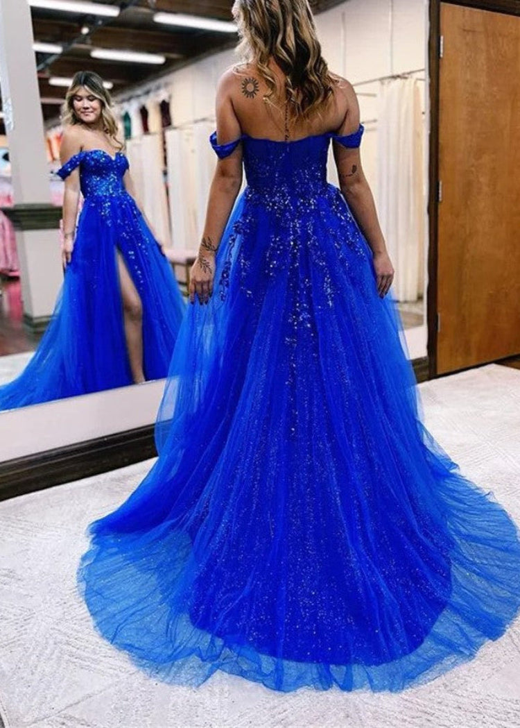Blue Sweetheart Off Shoulder Lace Tulle Formal Dress
