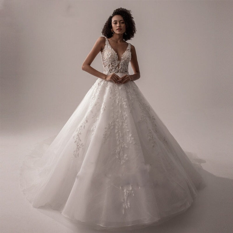 Ivory V-neck lace boho wedding dress-formal elegance