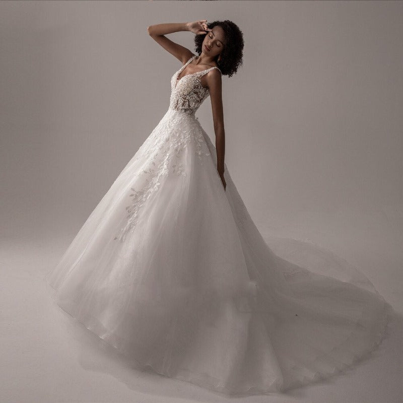 white tulle and lace wedding dress-formal elegance