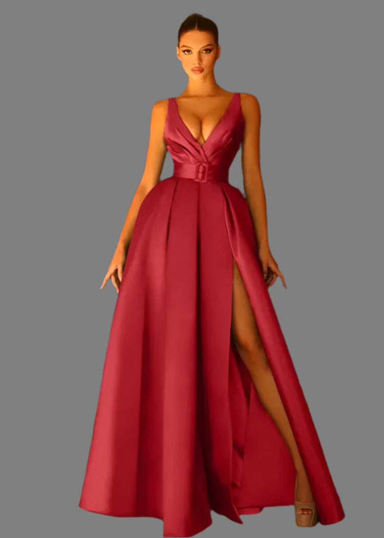 Satin V Neck Side Split Evening Formal Gown