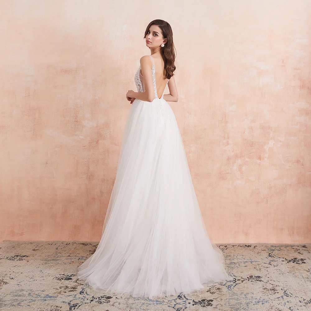 White V-Neck Beaded Pearls Crystal Tulle Gown