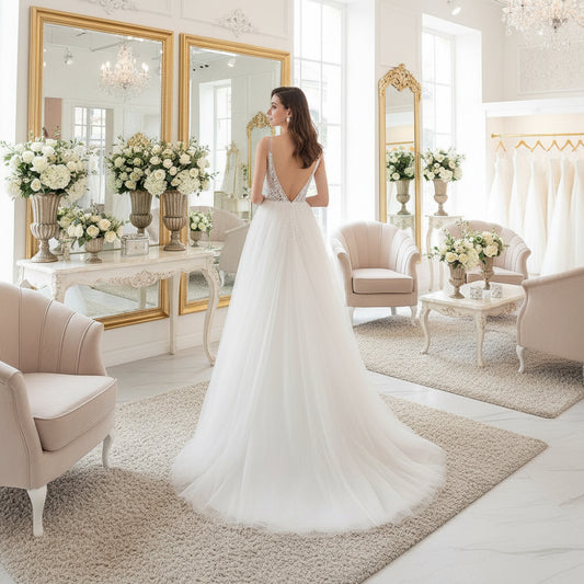 White V-neck tulle formal gown with jeweled bodice, open slit, and flowing A-line skirt