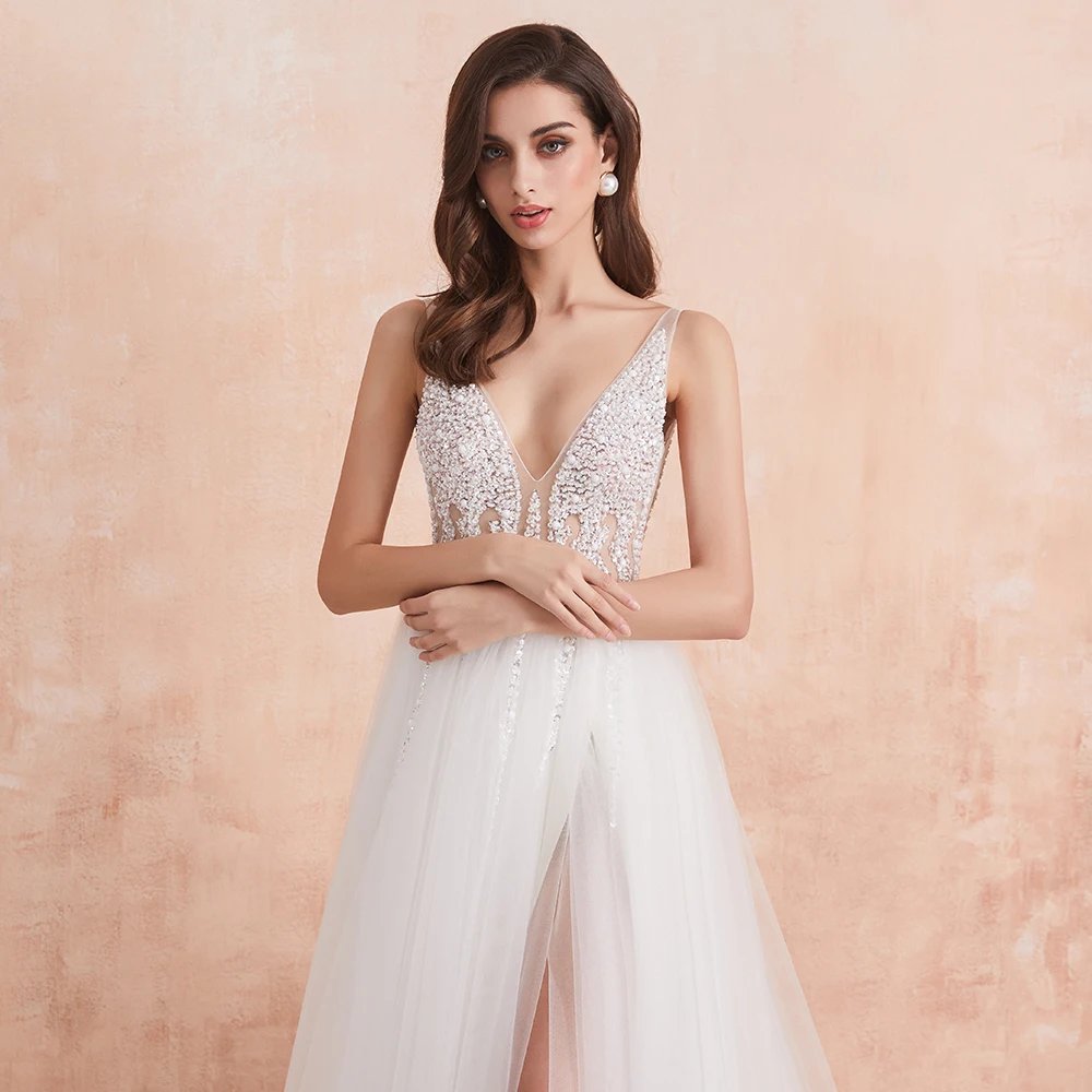 White V-Neck Beaded Pearls Crystal Tulle Gown