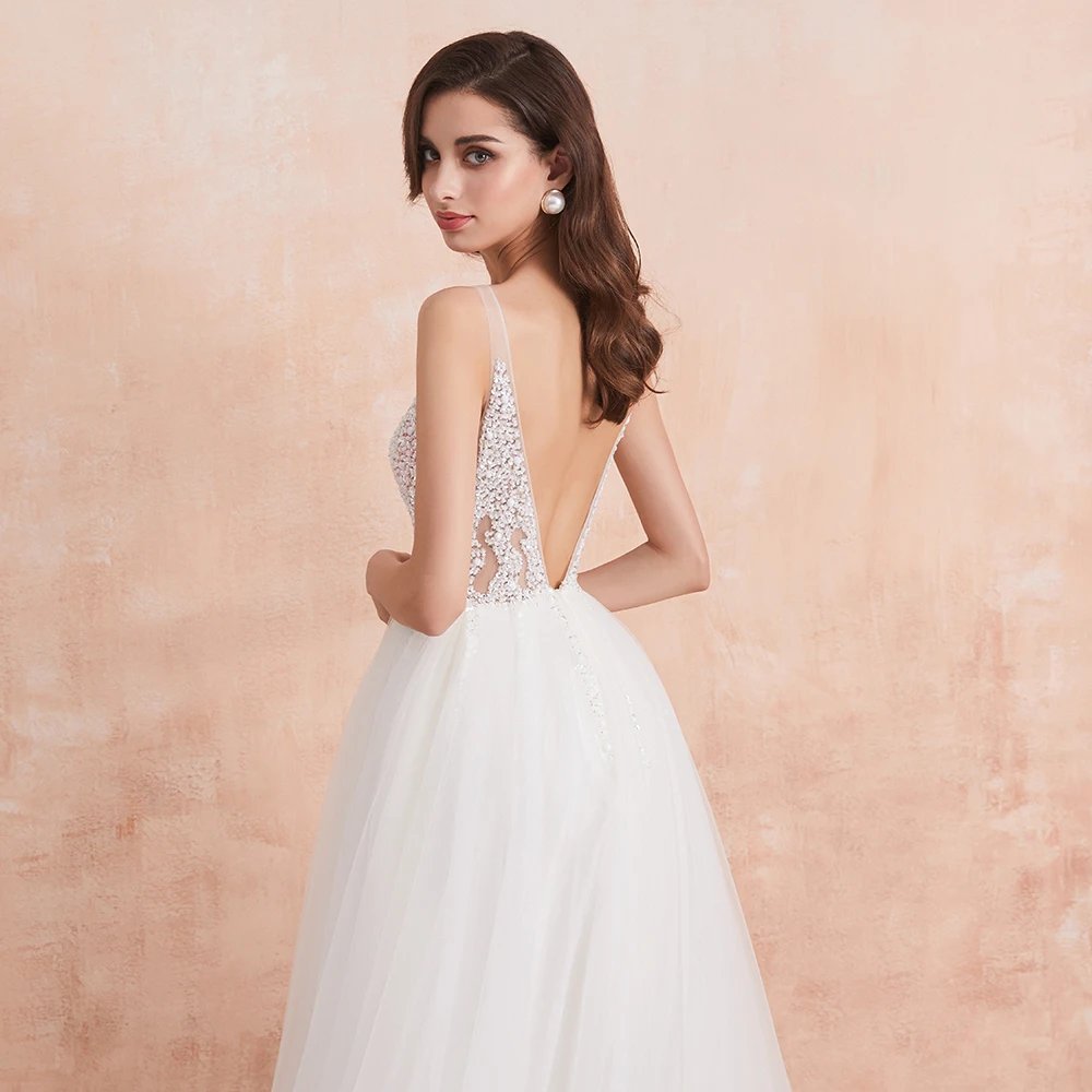White V-Neck Beaded Pearls Crystal Tulle Gown