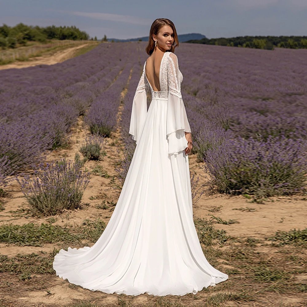 open back chiffon boho bridal gown with applique lace bodice and sleeve trim in sizes AU 2-26