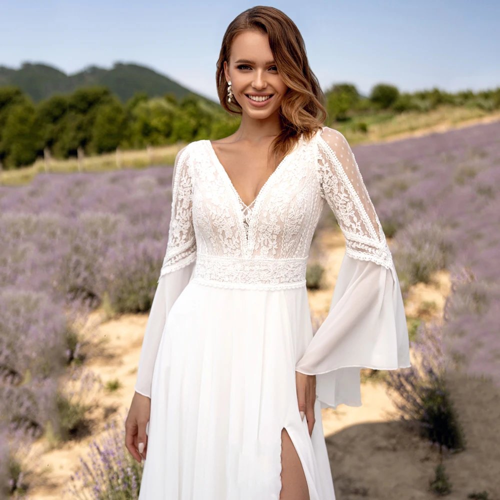 v-neck boho lace and chiffon white or ivory wedding dress sizes AU 2-26