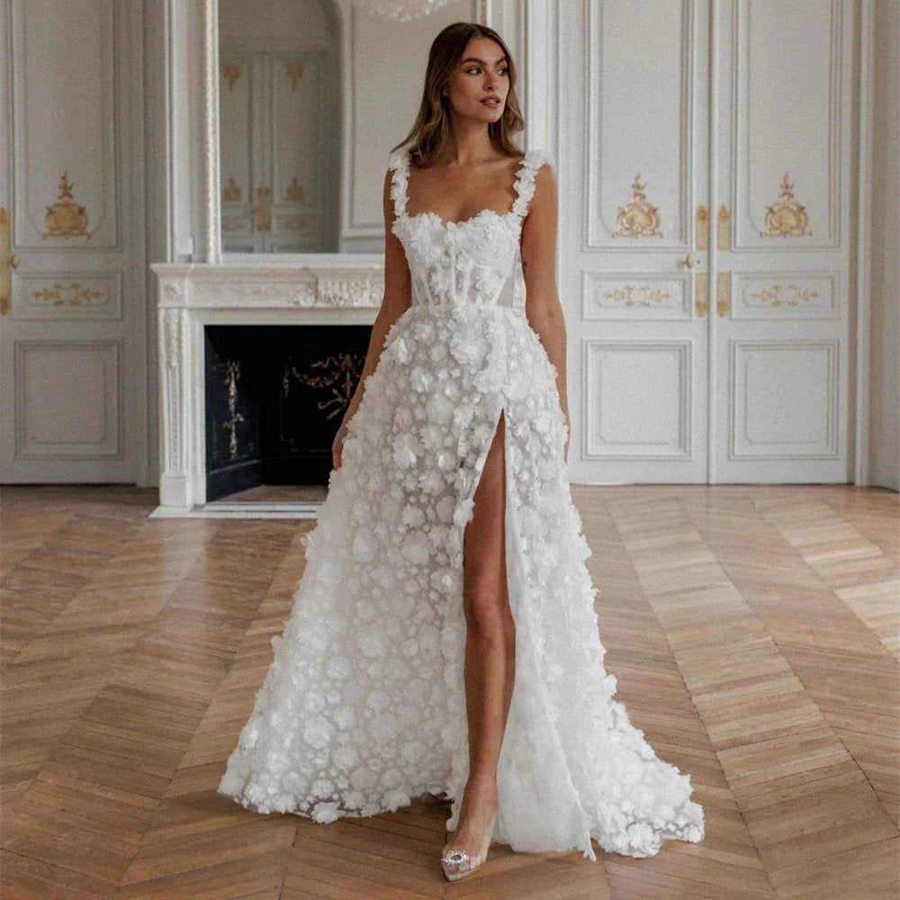 White Sweetheart 3D Flower Evening Formal Dress