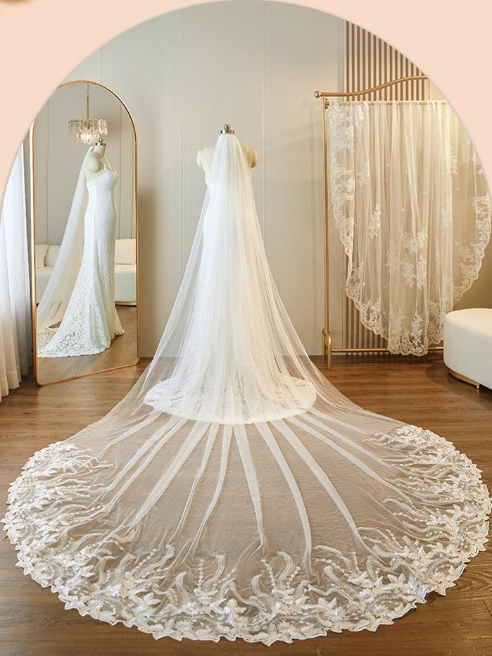 Cathedral Bridal Veil With Sequins Lace Edge