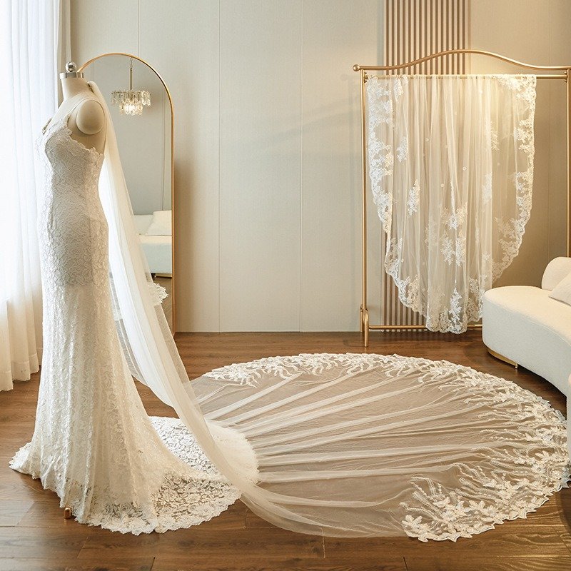 Cathedral Bridal Veil With Sequins Lace Edge