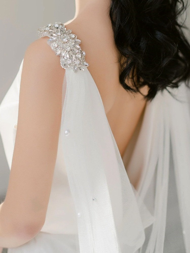Bridal Cape Veil With Crystals And Pearls