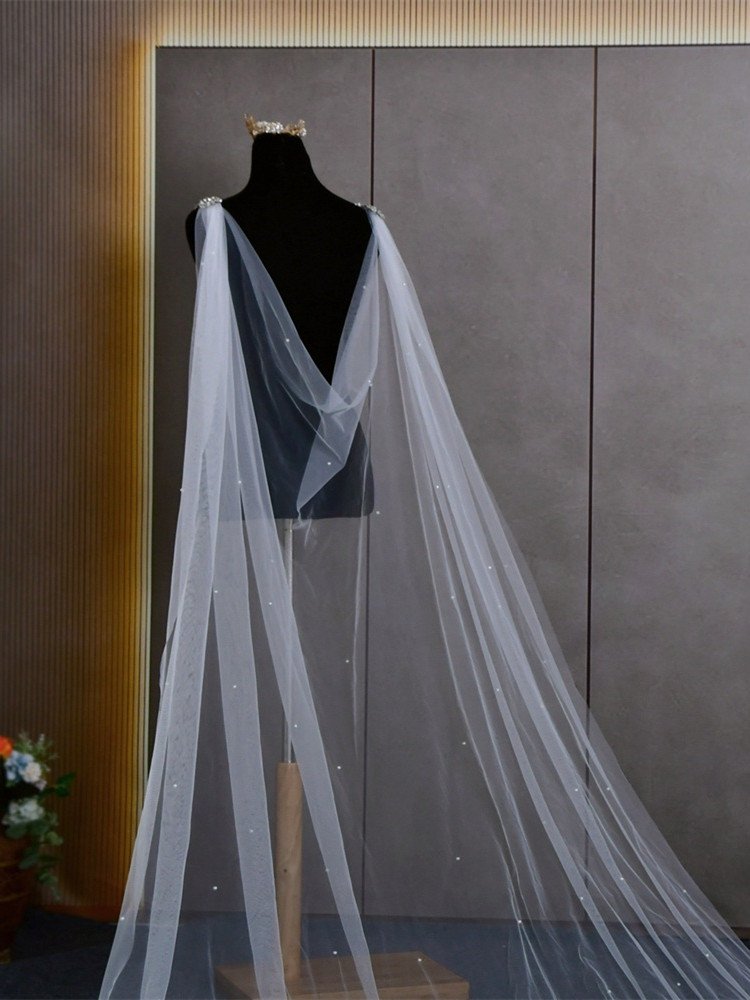 Bridal Cape Veil With Crystals And Pearls