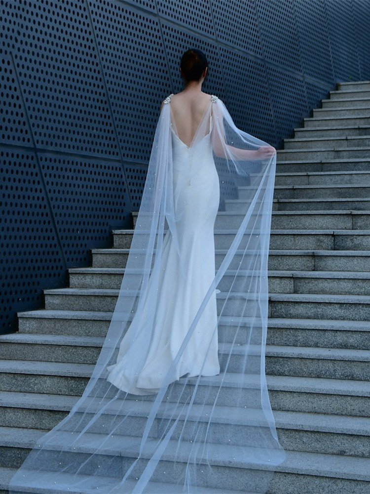 Bridal Cape Veil With Crystals And Pearls