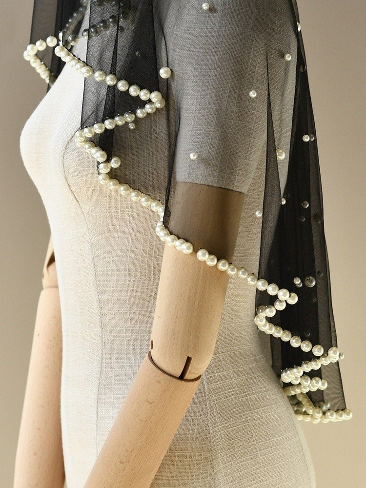 Black Short Veil With Pearls