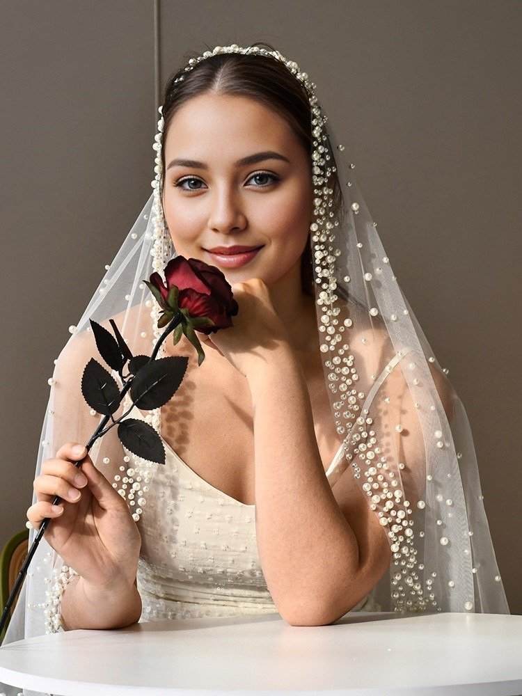Single Layer Pearls Tulle Bridal Veil