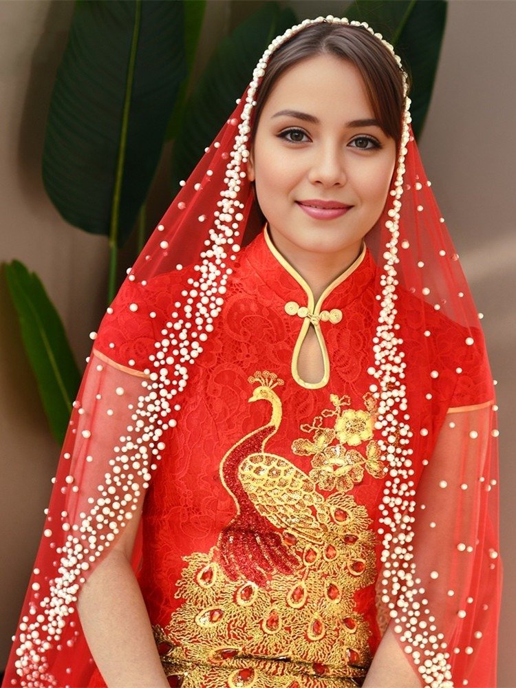 Single Layer Pearls Tulle Bridal Veil
