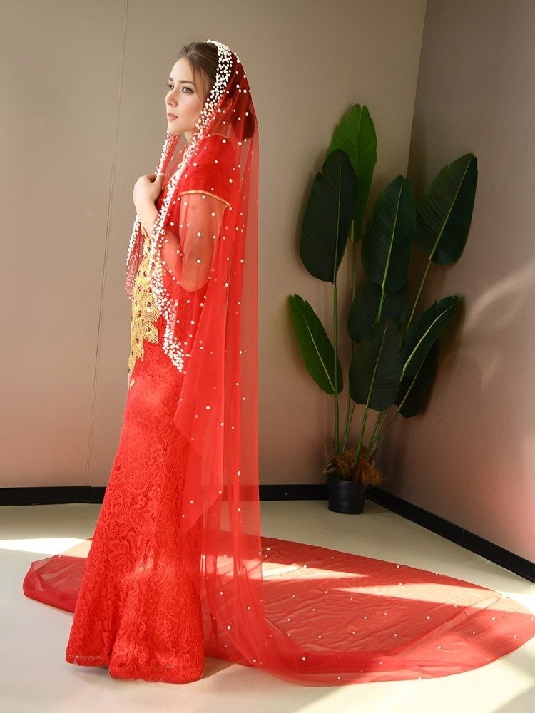 Single Layer Pearls Tulle Bridal Veil