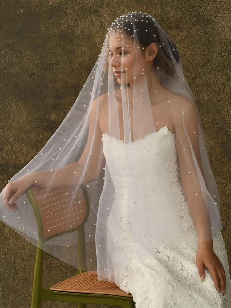 Short Veil With All Over Pearls