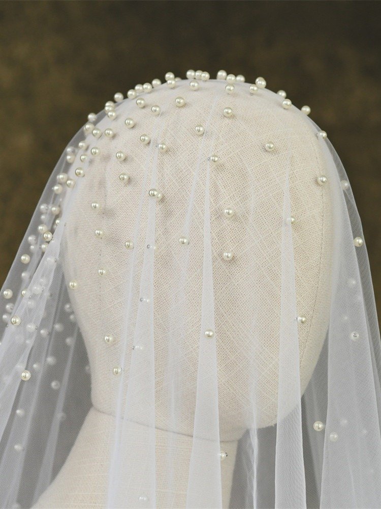 Short Veil With All Over Pearls