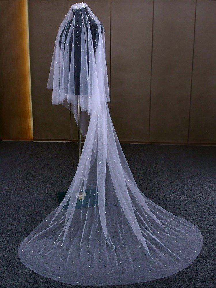 Short Veil With All Over Pearls