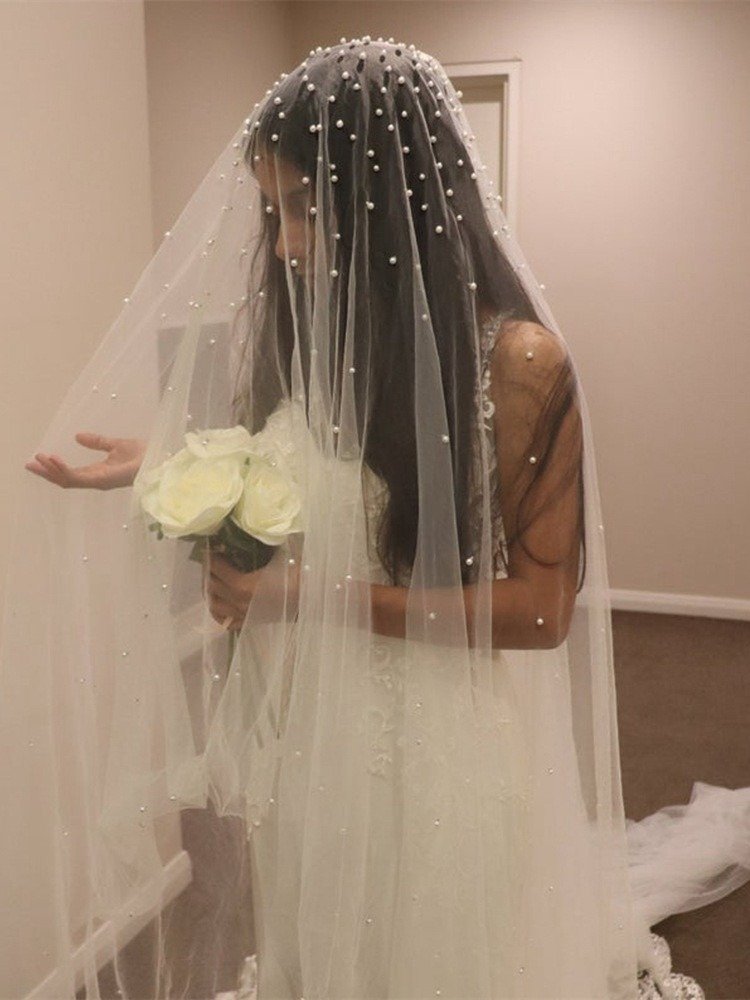 Short Veil With All Over Pearls