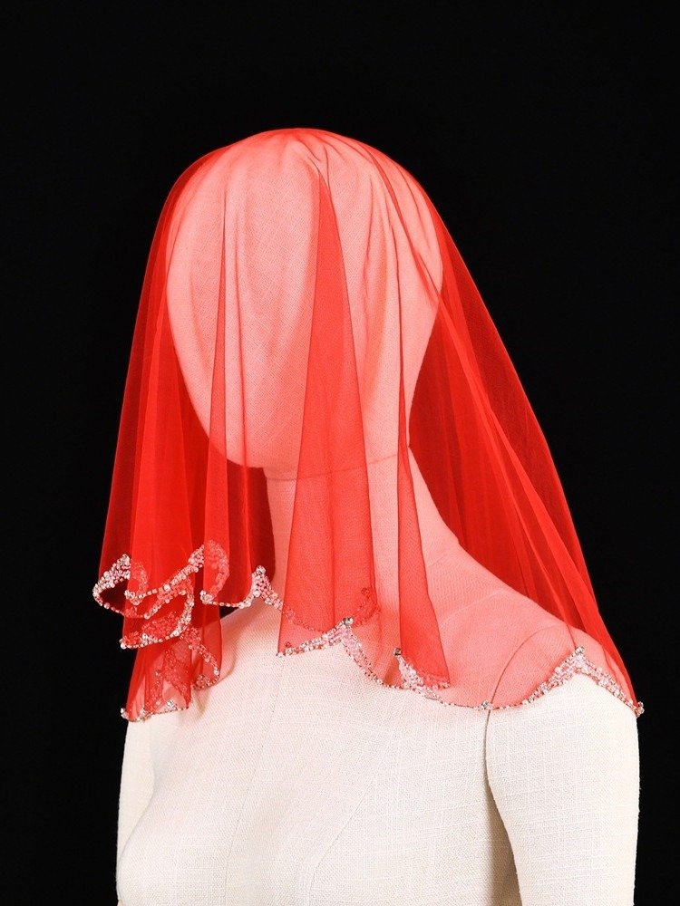 Short Veil Red Beaded Headcover