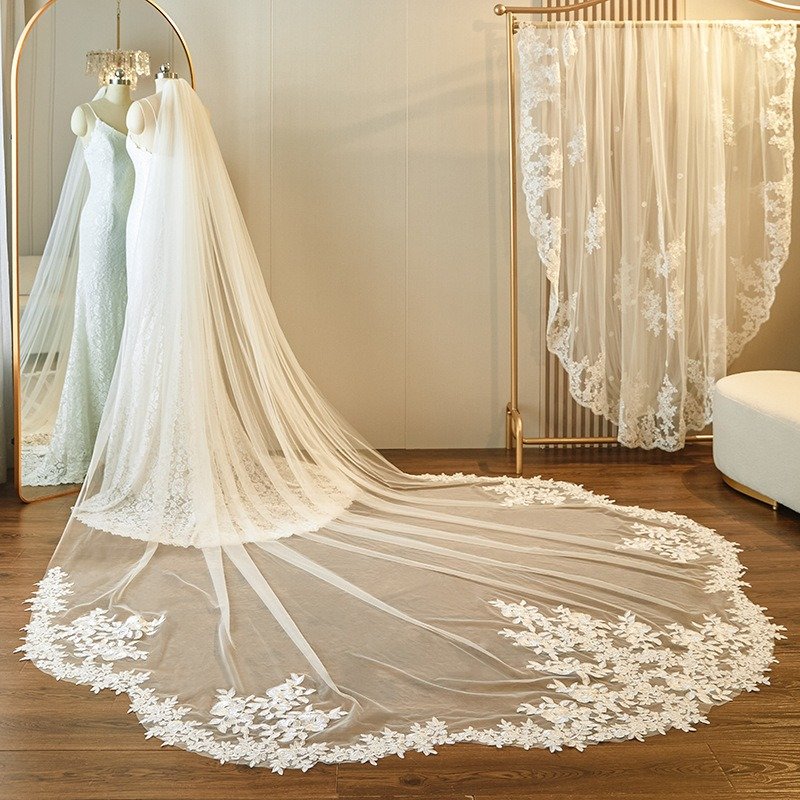 Cathedral length white bridal veil with lace