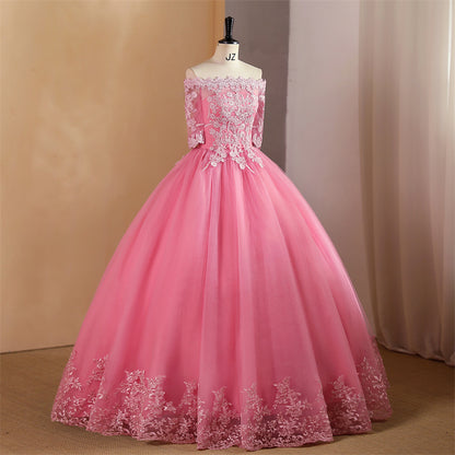 Pink Ball Gown Off Shoulder Graduation Party Dress