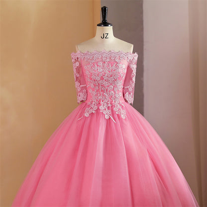 Pink Ball Gown Off Shoulder Graduation Party Dress