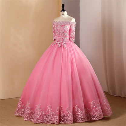 Pink Ball Gown Off Shoulder Graduation Party Dress