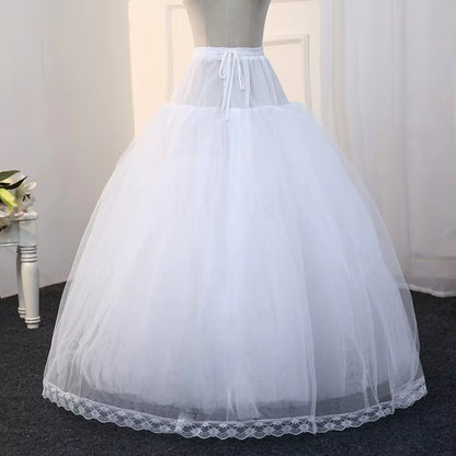 White hoopless tulle petticoat full back view with scalloped lace trim hem