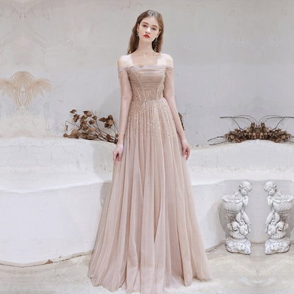 blush pink a-line beaded with sequins tulle prom evening formal dress 4111-formal elegance