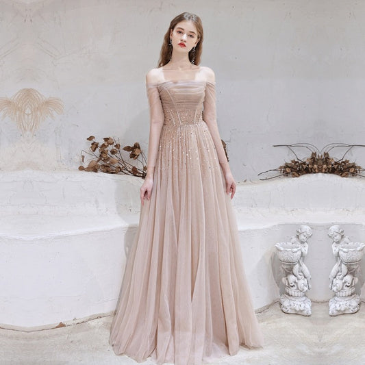 blush pink a-line beaded with sequins tulle prom evening formal dress 4111-formal elegance