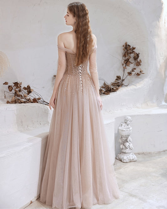 blush pink lace up back beaded & sequins tulle prom evening dress