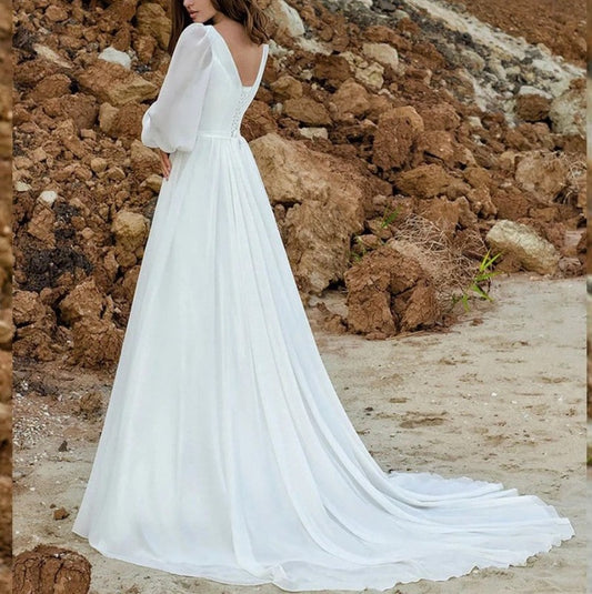 Chiffon A-Line Plus Size V-Neck Puff Sleeve Wedding Dress