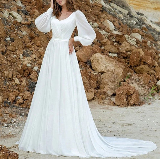 Chiffon A-Line Plus Size V-Neck Puff Sleeve Wedding Dress