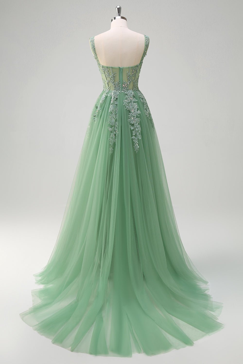 Green A-line lace tulle dress with open back and flowing tulle skirt