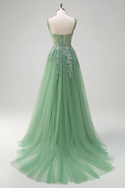 Green A-line lace tulle dress with open back and flowing tulle skirt
