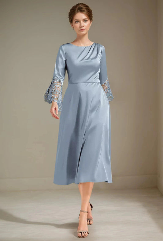Dusty blue satin A-line midi dress with long lace sleeves and draped neckline