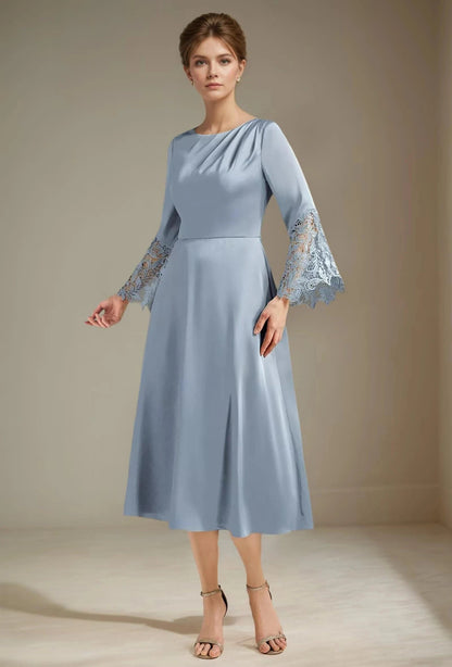 Light blue satin A-line midi dress with long lace cuffs and draped neckline